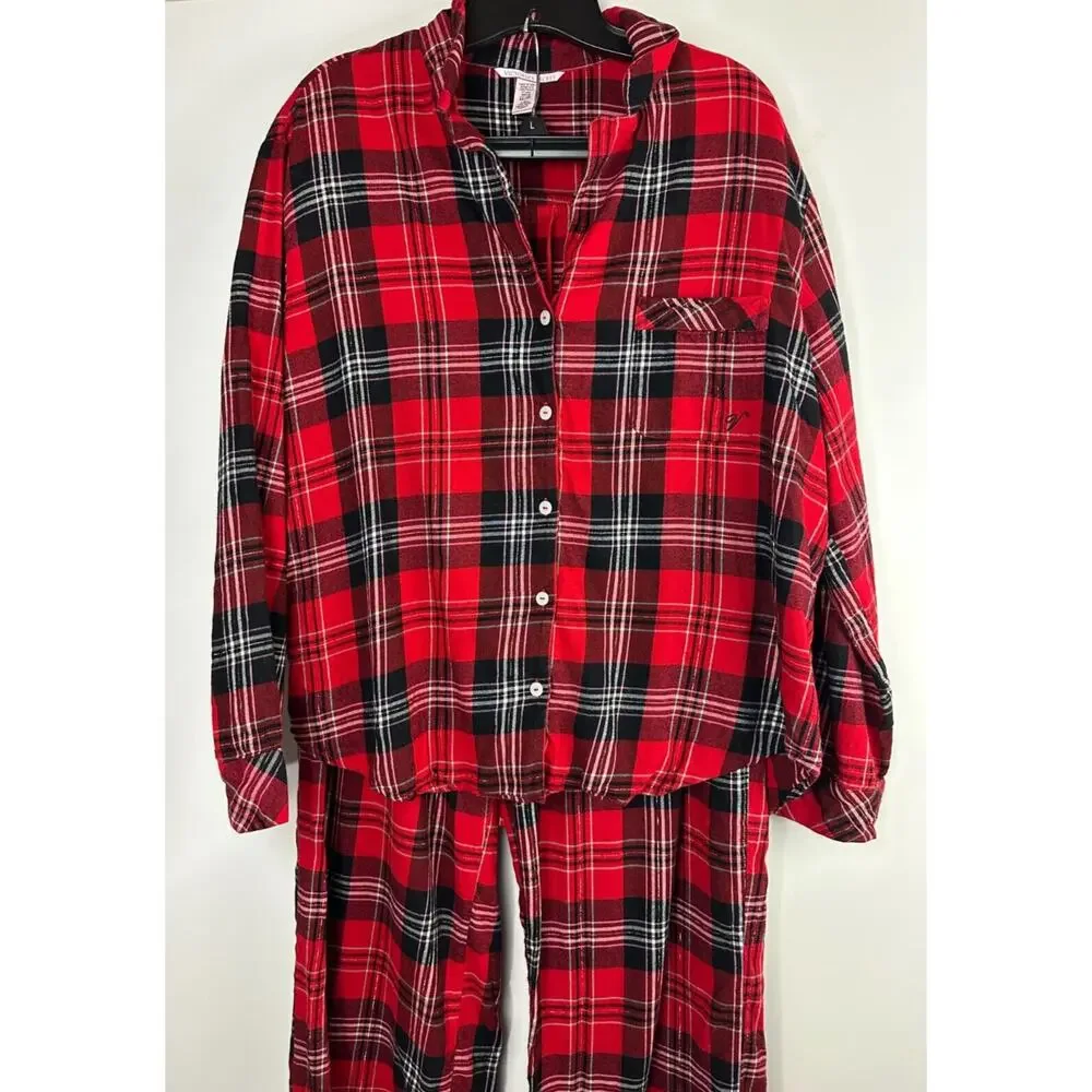 Victoria's Secret Shimmer Flannel Long Sleeve Shirt Pants Plaid Pajama Set Large - Picture 5 of 16